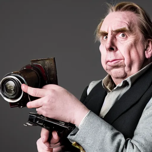 Prompt: Timothy Spall as Simon Graham (The Last Samurai) holding an old-fashioned camera from the 1800's, studio photograph