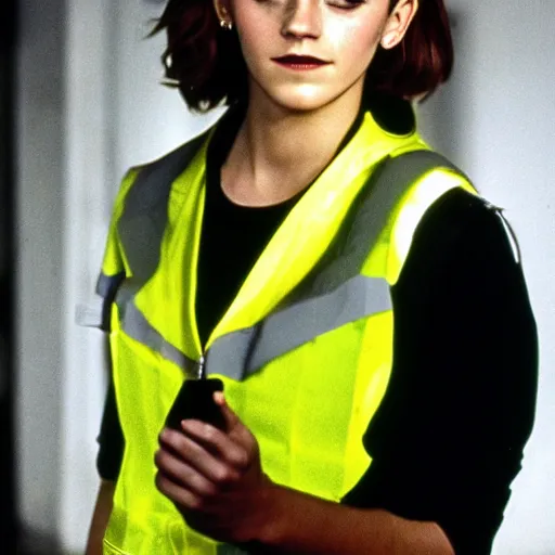 Image similar to photo, close up, emma watson in a hi vis vest, in warehouse, android cameraphone, as seen in 1 9 6 8 action movie, 2 6 mm,