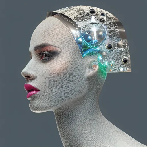 Image similar to portrait of a beautiful futuristic woman layered with high-tech jewelry wrapping around her face and head, 2067