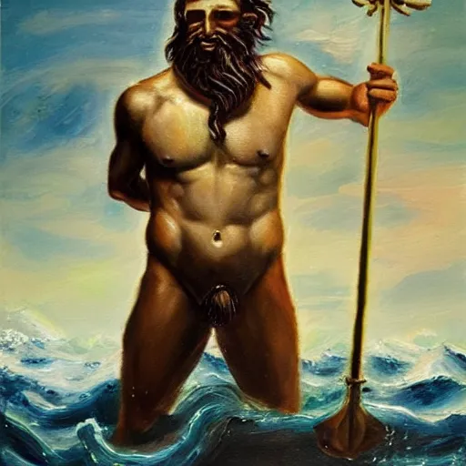 Prompt: Poseidon, the god of the sea, beautiful oil painting, dark colors