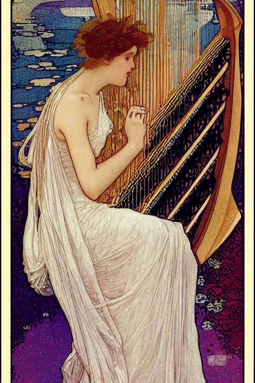 Prompt: beautiful mystical digital painting girl playing a harp wearing a long white dress over a wavy ocean by mucha tarot card vivid