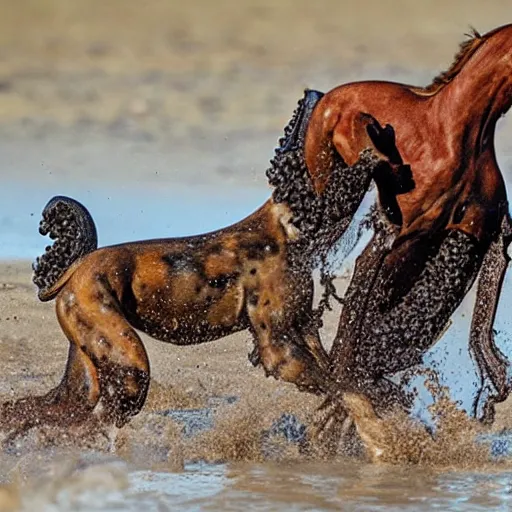 Image similar to National Geographic photo of horse full of octopus being eaten by African hunting dogs