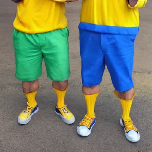 Prompt: Luigi y Mario pero vestidos de azul y amarillo, estilo nintendo, juego 3d