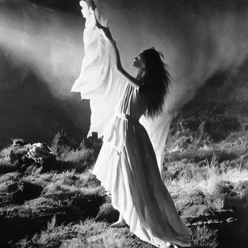 Image similar to 1 9 7 0's artistic western movie, a woman in a giant billowy wide flowing waving dress made out of white smoke, standing inside a dark western rocky scenic landscape, volumetric lighting