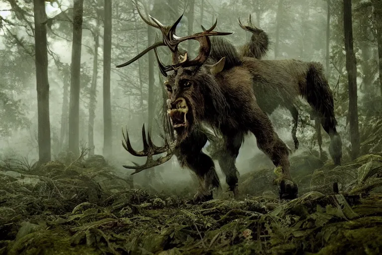 Image similar to vfx movie closeup detailed ancient warrior orc hunting elk in the forest, natural lighting by emmanuel lubezki