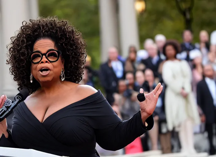 Prompt: oprah winfrey gives inaugural address on the steps of the capitol, 3 5 mm photography, highly detailed, cinematic lighting, standing pose, fully body shot, holding lightsaber 4 k