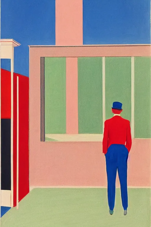 Prompt: Sunday Evening at the mall by David Hockney, Edward Hopper, 1958, exhibition catalog