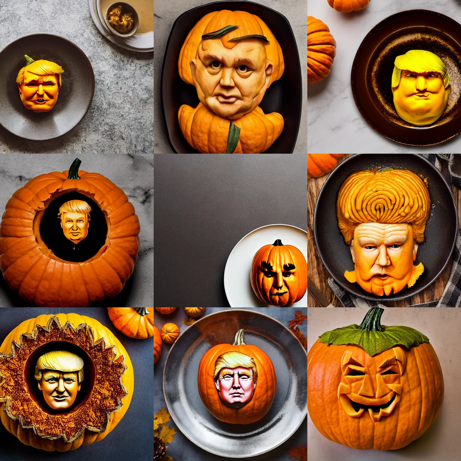 Prompt: pumpkin dish that looks like donald trump, cuisine, top view, sigma 8 5 mm