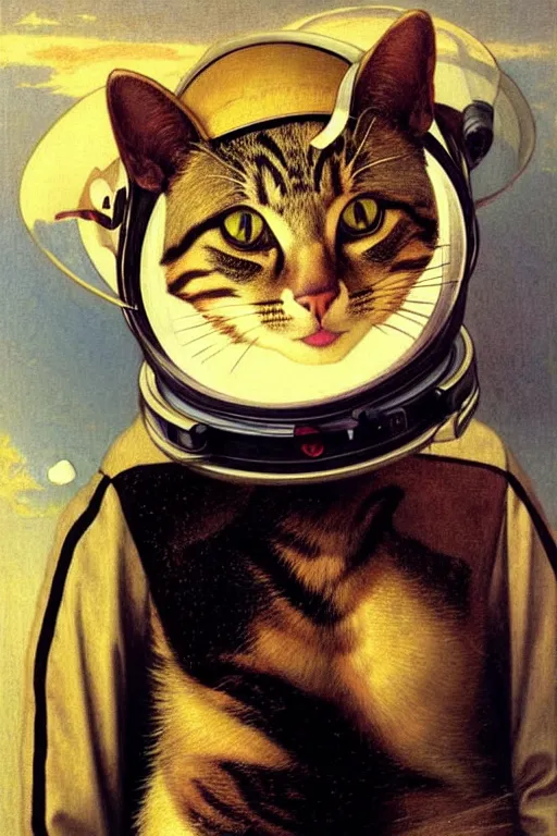 Image similar to portrait of a cat astronaut with spacesuit and helmet, majestic, solemn, by bouguereau