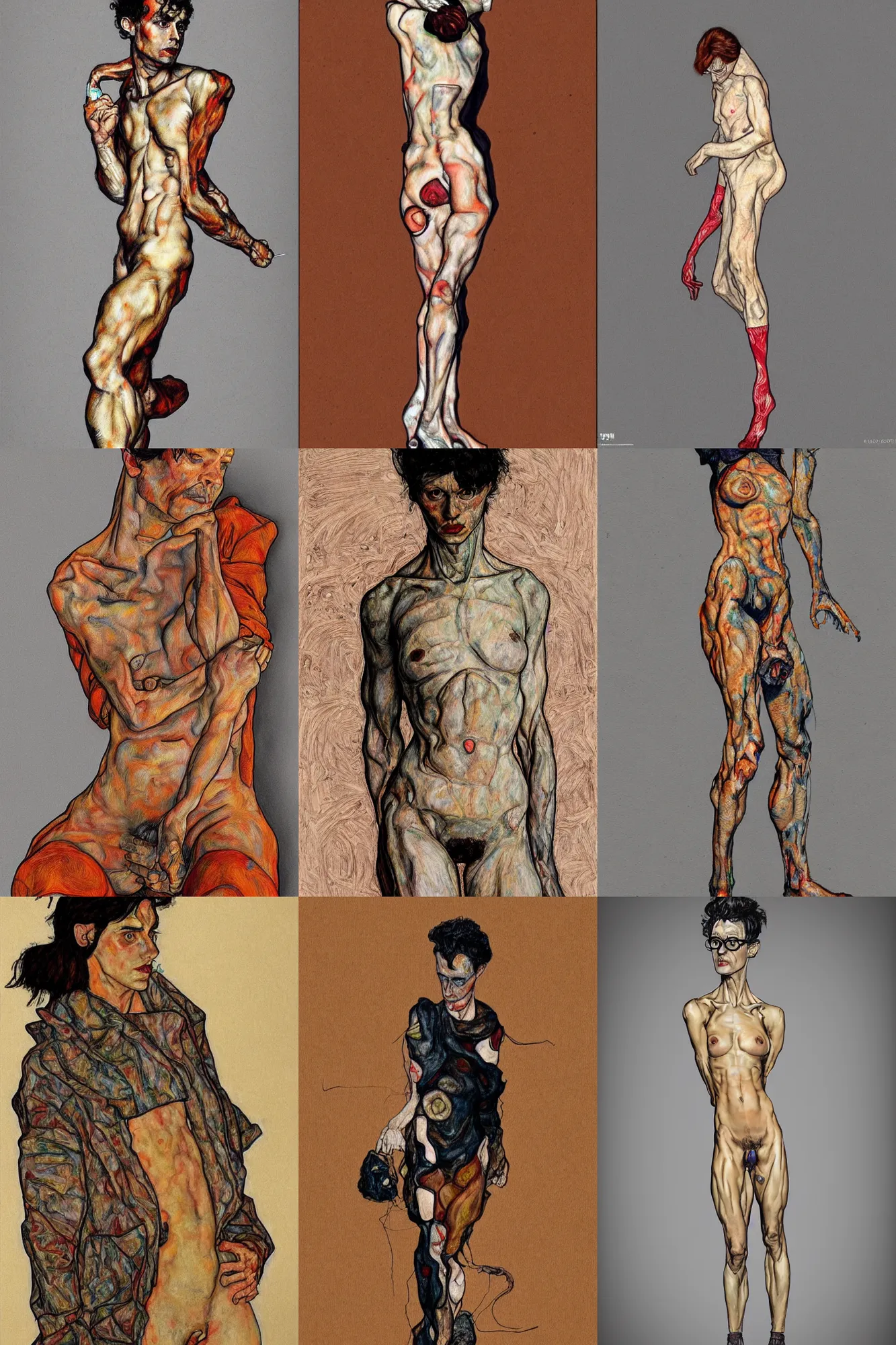 Prompt: a full body character in style of egon schiele and heracut, masterpiece, hyperdetailed, complex, intricate, veiled, 8 k, dynamic!!, distorted pose, trending on artstation,