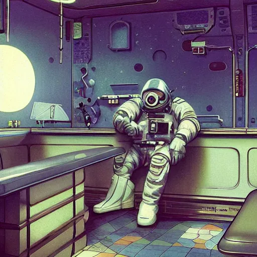 Prompt: two astronauts sitting in the corner booth at a greasy diner on the moon, iconic, anime cyborg, award-winning realistic sci-fi concept art by Jim Burns and Greg Rutkowski, Picasso, Beksinski, masterpiece, complimentary colors, James Gilleard, stunning light, artstation, Bruegel, Alphonse Mucha, edward hopper painting, and Yoshitaka Amano