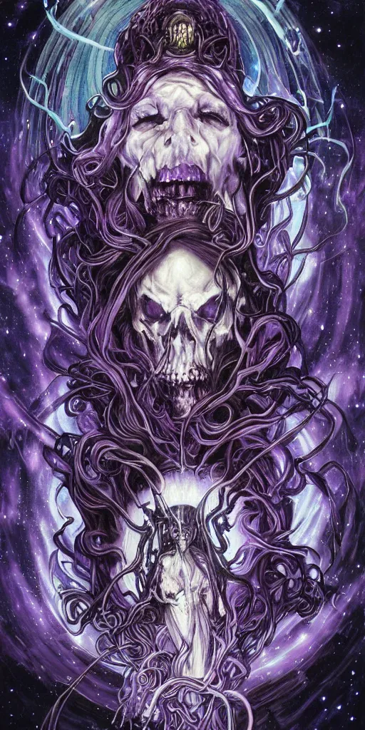 Image similar to intense glowing angry black metal pagan god with horns and tentacles and intense glowing eyes and a skull in very dark cosmic space by karol bak and artgerm and alphonse mucha, portrait, fantasy, clear, light beams, lens flare, intense, uhd, amazing depth, cinematic lighting, purple and violet and indigo and blue