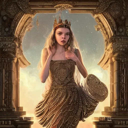 Image similar to a portrait of a older anya taylor - joy as the goddess minerva surrounded by stacks of books, bioluminescent gown with deep level of detail of esoteric symbols, urban motifs, intricate, elegant, highly detailed, digital painting, trending on artstation, concept art, smooth sharp focus, illustration, art by artgerm and greg rutkowski