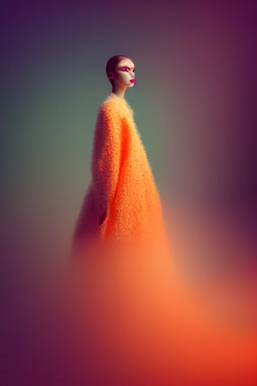 Image similar to a model wearing haute couture from chanel, macro photography, long exposure photograph, surrealism, anamorphic bokeh, cozy, soft light, orange and teal, caustic, atmospheric fog, octane render, cinematic