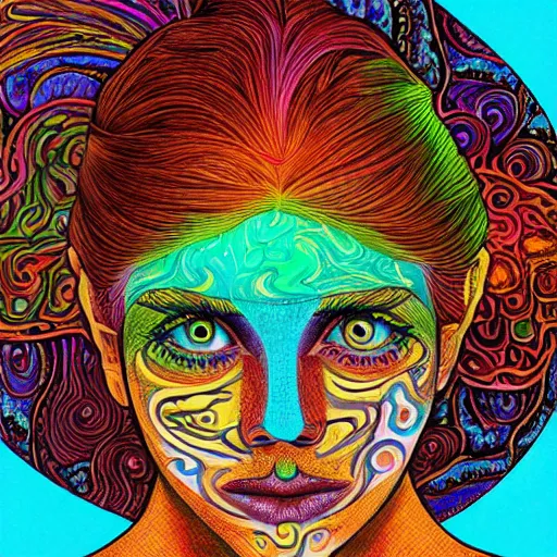 Image similar to a psychedelic illustration of my lehrman doing yoga, medium long brown orange hair, green eyes, round face, thin eyebrows, vivid colors, dramatic, intricate, detailed, art by my lehrman