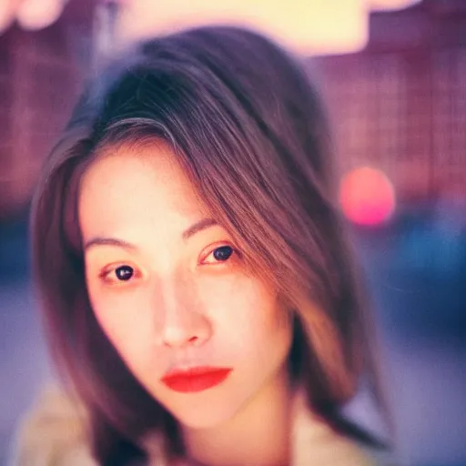 Image similar to a close-up of a gorgeous woman’s face looking at the camera with a mix of desperation and awe, soft blurred city background, captured in low light and soft focus, cinestill 800t