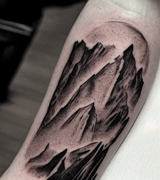 Image similar to creative double exposure effect tattoo design sketch of margot and beautiful mountains and nature, mountain scenery, realism tattoo, in the style of matteo pasqualin, amazing detail, sharp