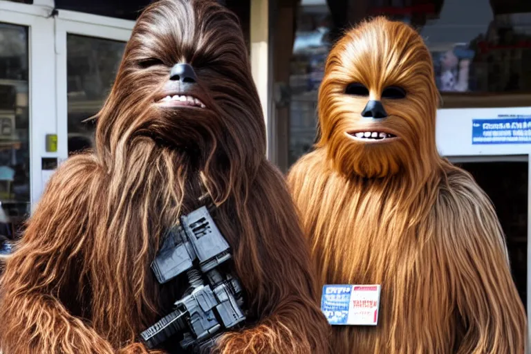 Prompt: chewbacca wearing a weave in front of a pawn shop