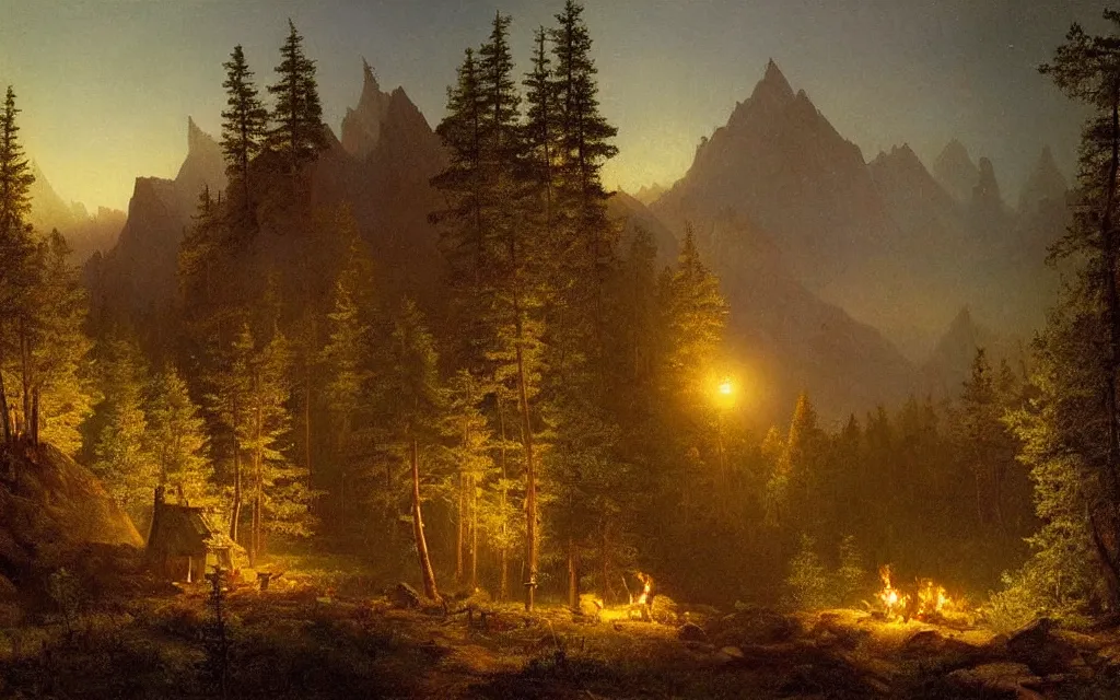 Image similar to small wood cabin with a small campfire on the edge of a forest overlooking a beautiful valley at dusk, mountainous backdrop, cinematic lighting, intricate ink illustration, by albert bierstadt