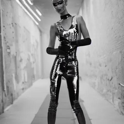 Image similar to fashion photography of an extraterrestrial model, wearing futuristic hip - hop fashion, inside berghain, berlin fashion, photo 3 5 mm leica, hyperdetail, 8 k, very detailed, black and white