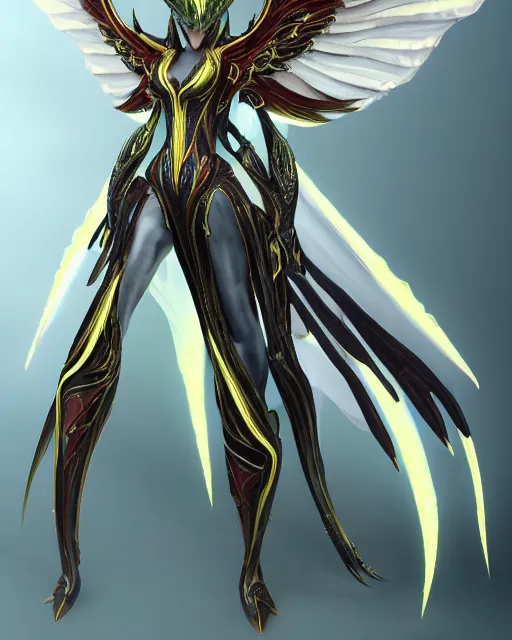 Prompt: tall, attractive flame dragon wearing white dove wings, warframe armor, regal, attractive, ornate, sultry, sexy, beautiful, elize theron, pretty face, green eyes, scifi platform, 4 k, ultra realistic, epic lighting, illuminated, cinematic, black gold, art by akihito tsukushi, voidstar