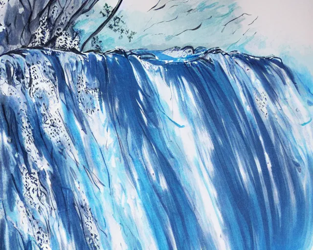 Prompt: an endless waterfall, blue colour splash, painted with a thin brush, detailed sumi-e illustration