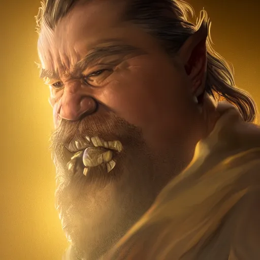 Image similar to portrait of a brutal dwarf hugging the humongous raw, unrefined sparkling gold nugget, lump of native gold, realistic, fantasy art, dnd, lord of the rings, medium shot, mid - shot, moody lighting, by greg rutkowski, alphonse mucha, artgerm, trending on artstation, concept art, sharp focus, octane render, cgsociety