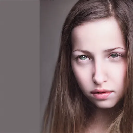 Prompt: photorealistic portrait of cute girl model, digital photography, studio lighting, staring directly into camera, 5 0 mm uhd by annie leibovitz