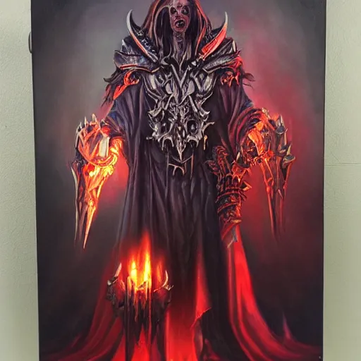 Image similar to a hyper realistic oil painting of a necromancer from diablo, dark fantasy, horror, retro fantasy