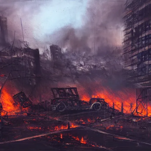 Prompt: a scene of utter destruction, with fires burning and buildings collapsing. painting, digital art, harsh lighting, 4 k hd wallpaper, trending on art station, apocalyptic