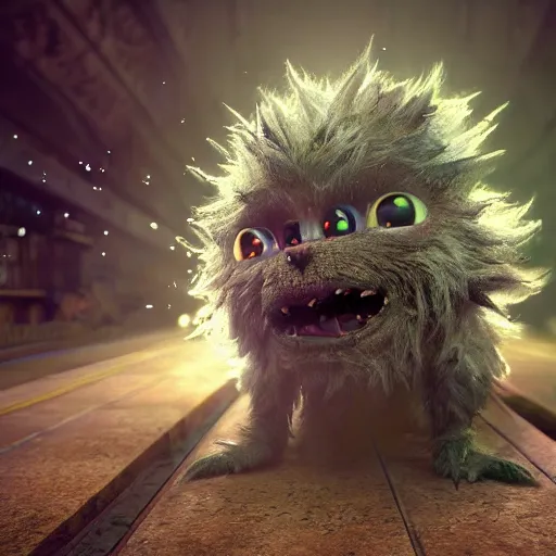 Image similar to full body pose, hyperrealistic photograph of a cute fuzzy goblin monster, dim volumetric lighting, 8 k, octane beautifully detailed render, extremely hyper detailed, intricate, epic composition, cinematic lighting, masterpiece, trending on artstation, very very detailed, stunning, hdr, smooth, sharp focus, high resolution, award, winning photo, dslr, 5 0 mm