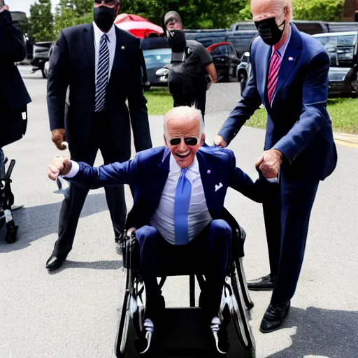 Image similar to joe biden falling off his wheelchair, award winning photo