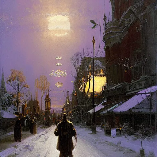 Prompt: painting of syd mead artlilery scifi organic electric pole with ornate metal work lands on a snowy path with a large mirror in its path, volumetric lights, purple sun, andreas achenbach