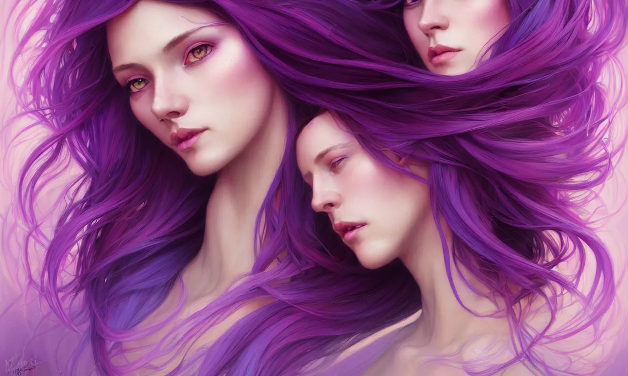 Image similar to Portrait of a woman with bright colored flying hair, all shades of purple. Hair coloring, amber eyes, face, long hair, fantasy, intricate, elegant, highly detailed, digital painting, artstation, concept art, smooth, sharp focus, illustration, art by artgerm and greg rutkowski and alphonse mucha