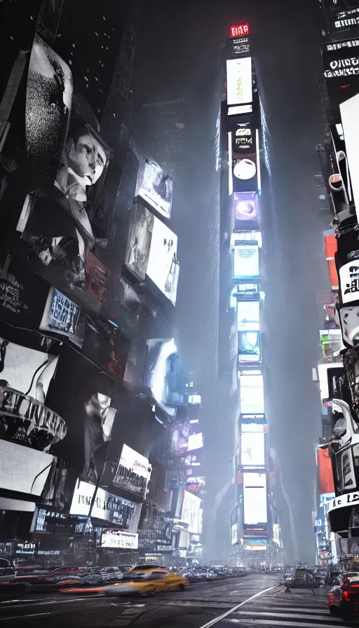 Prompt: 8k high resolution photograph of cyber punk New York Times Square on a foggy night, futuristic, wires hanging across the street, flying cars