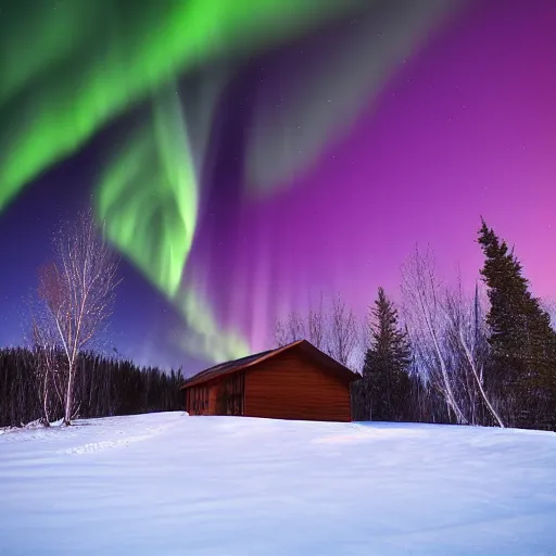 Image similar to a cabin on a hill, snowstorm, winter, smoke rising from the pipe, aurora borealis, alaska, by alex andreev, landscape, high contrast, digital, complementary colors