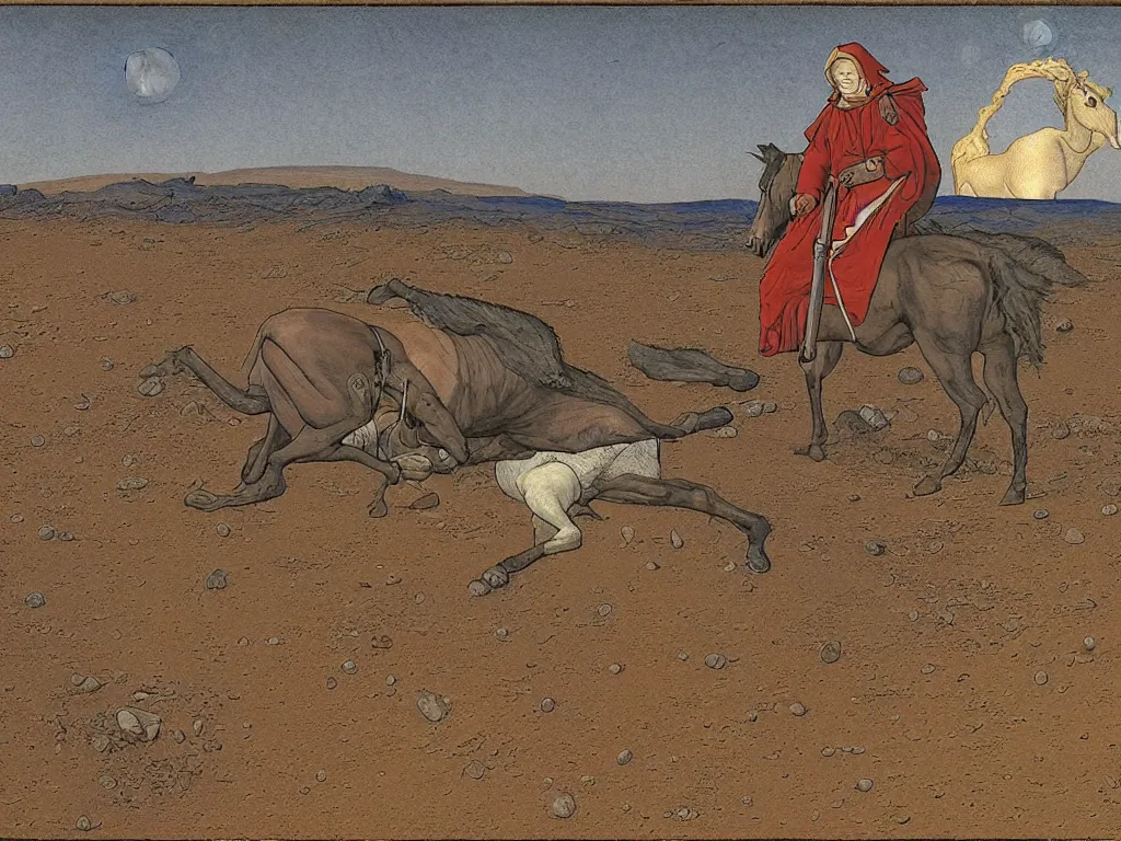 Image similar to portrait of a man with horse sleeping on the ground on mars. painting by limbourg brothers, moebius