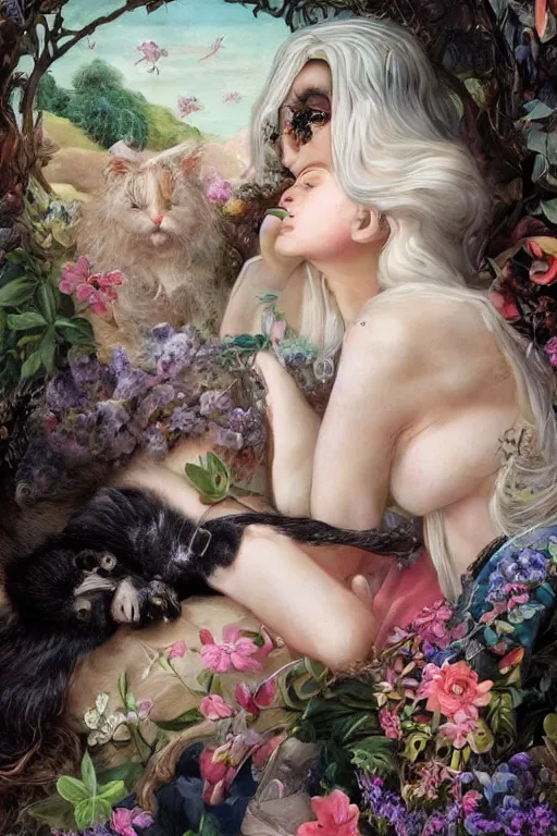 Prompt: An extremely beautiful pre-raphaelite portrait of a cute witch and her cat, surreal, ultradetailed, intricate, elegant, detailed, digital painting, artstation, concept art, smooth, sharp focus, illustration, regal, award winning picture, extremely detailed masterpiece, sense of awe, featured on artstation, Artgerm, effervescent punk kawaii-noir pastel bubbles, winning award piece, ethereal rainbows, Aetherpunk, Exquisite details