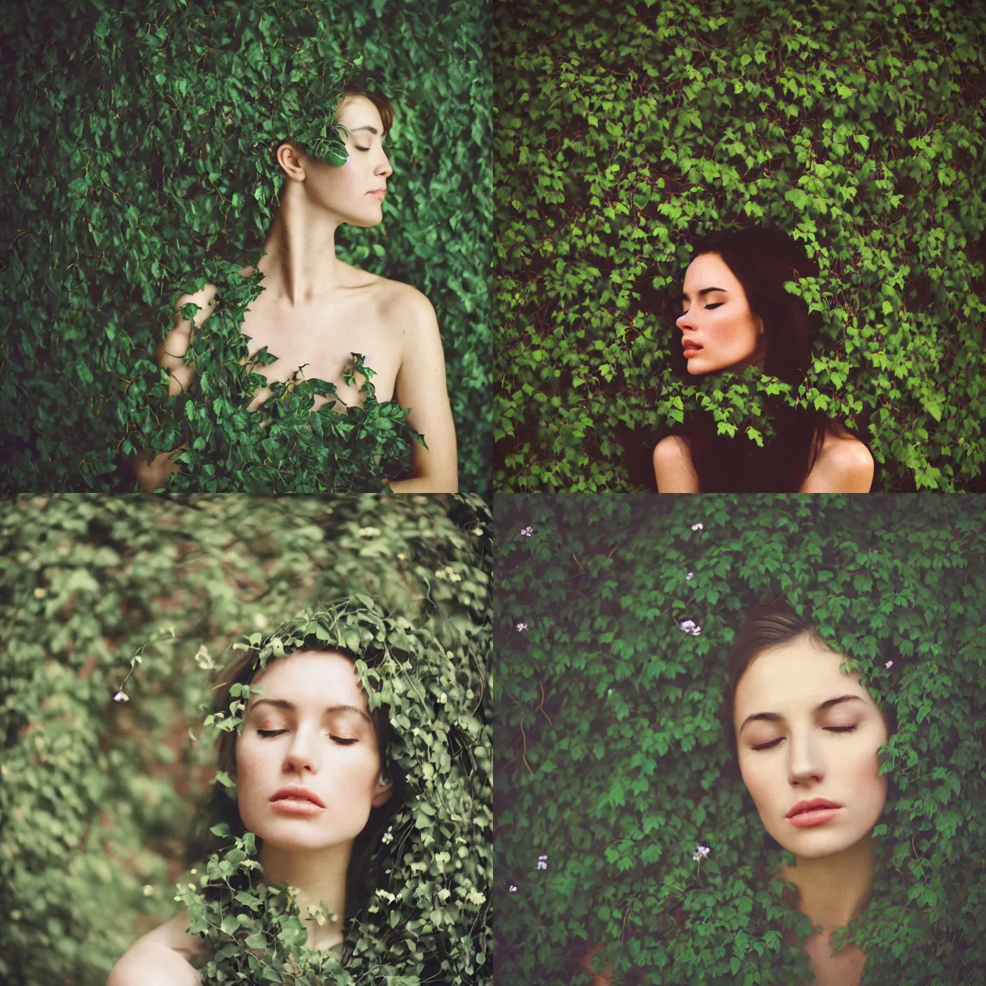 Prompt: An analog head and shoulder face photography of a woman surrounded by black flowers and vines and leaves by Maxim Nikolaev. closed eyes. Kodak Portra 800 film. Depth of field. whirl bokeh. Sunshine. detailed. hq. realistic. warm light. muted colors. Moody. Filmic. Dreamy. lens flare. Leica M9, f/1.2, symmetrical balance, in-frame