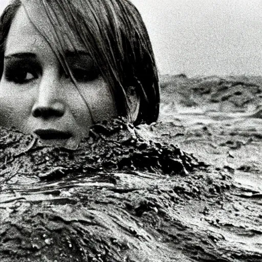 Image similar to film still, close up, jennifer lawrence rising out of muddy vietnam river, face covered in mud, low camera angle at water level, night time, film still from apocalypse now ( 1 9 7 9 ), 2 6 mm.