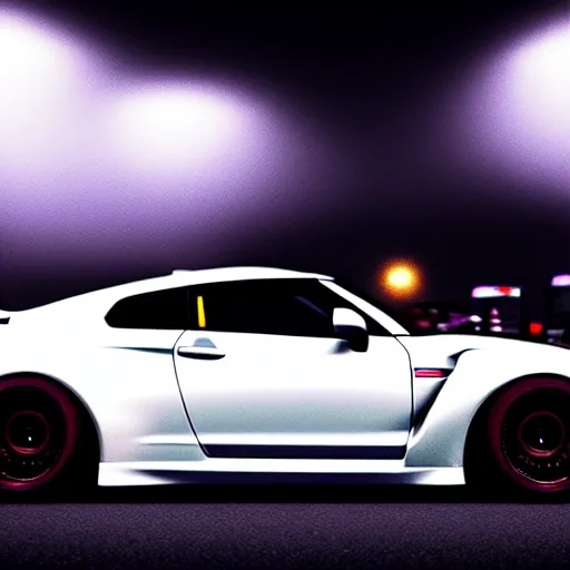 Prompt: a car GTR twin turbo drift at illegal car meet, Shibuya prefecture, city midnight mist lights, cinematic lighting, photorealistic, highly detailed wheels, high detail