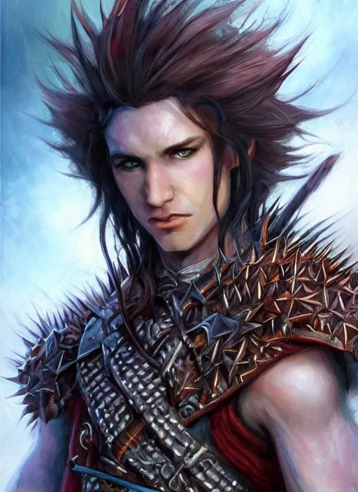 Image similar to human spiky hair, ultra detailed fantasy, dndbeyond, bright, colourful, realistic, dnd character portrait, full body, pathfinder, pinterest, art by ralph horsley, dnd, rpg, lotr game design fanart by concept art, behance hd, artstation, deviantart, hdr render in unreal engine 5