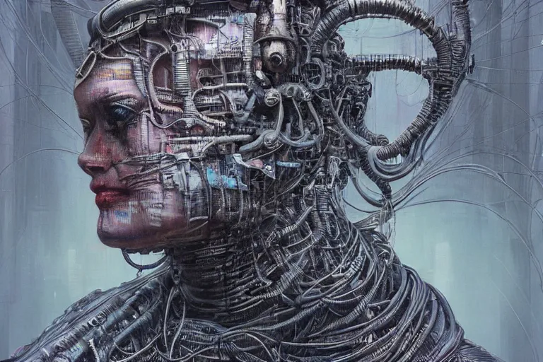 Image similar to highly detailed concept art of neuromancer characters, dystopian post - apocalyptic retrofuturistic neon vibe, an ultrafine detailed painting by hans giger and wayne barlowe, trending on deviantart, pop surrealism, whimsical, lowbrow, perfect symmetrical face, sharp focus, octane, masterpiece