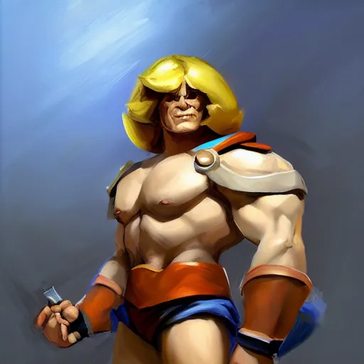 Image similar to greg manchess portrait painting of gorgeous he - man the master of the universe as overwatch character, medium shot, asymmetrical, profile picture, organic painting, sunny day, matte painting, bold shapes, hard edges, street art, trending on artstation, by huang guangjian, gil elvgren, ruan jia, greg rutkowski, gaston bussiere