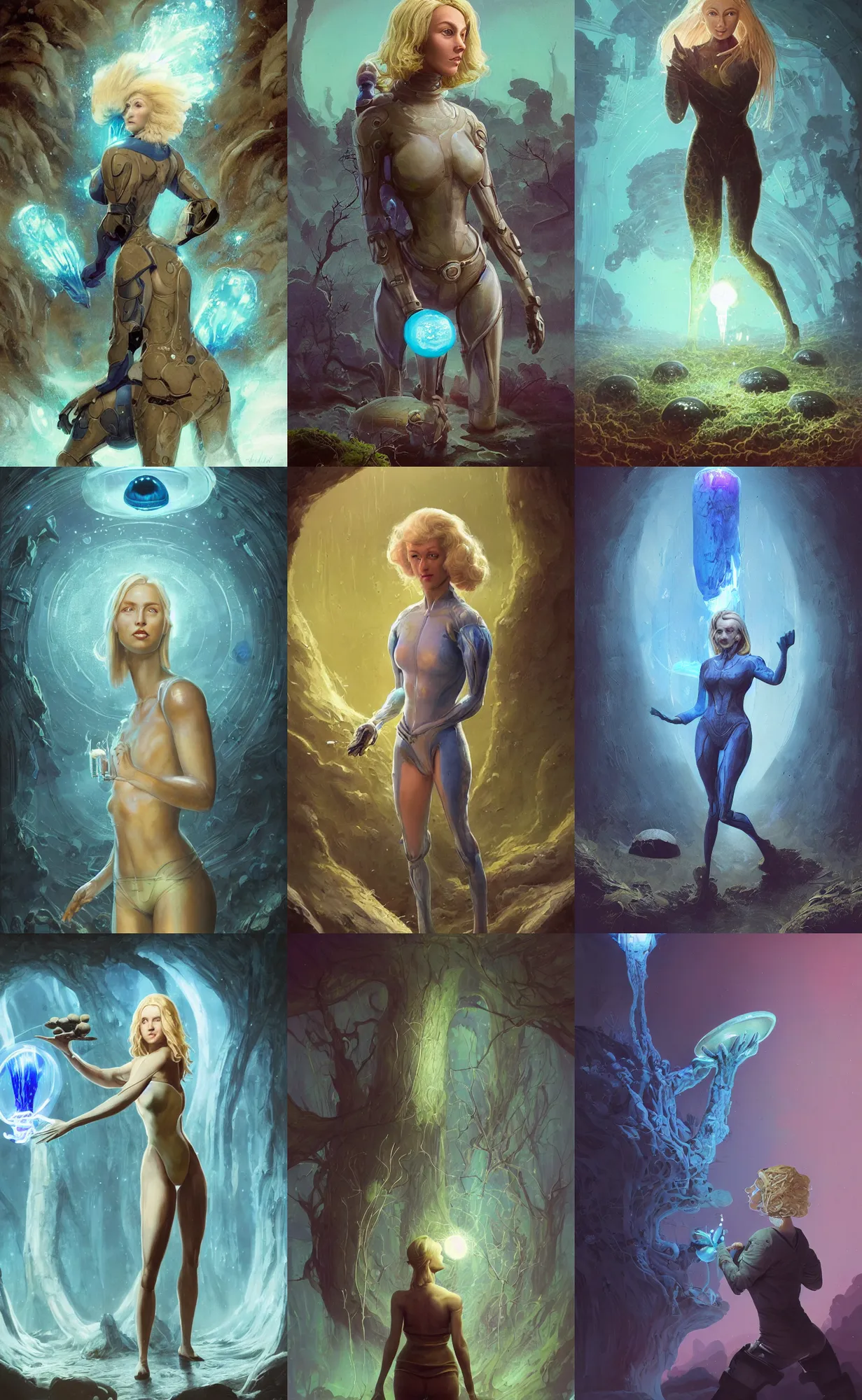 Prompt: A mixed media portrait painting of a beautiful blonde biologist woman, nanosuit, examining a giant blue glowing mushroom in a mire, detailed Aesthetic! face and eyes, slavic, by Beeple, Frank Frazetta, Greg Rutkowski, Christian MacNevin, Boris Vallejo, epic fantasy character art, high fantasy, CGsociety, exquisite detail, post-processing, masterpiece, cinematic, crysis