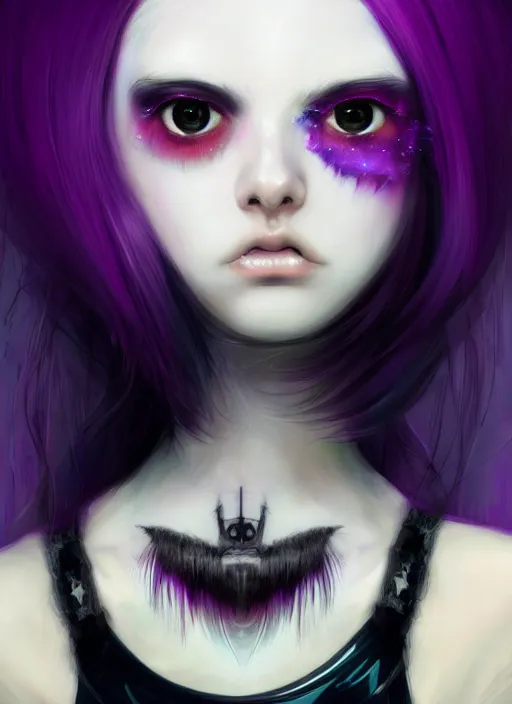 Image similar to hair blackbangs hair, white cyberlox, portrait of normal teenage girl, normal face, black bangs, messy bangs, fluffy bangs, cyberlox, whitebangs, red contact lenses, purple background, intricate, elegant, highly detailed, digital painting, artstation, concept art, sharp focus, smooth, illustration, art by wlop, mars ravelo and greg rutkowski