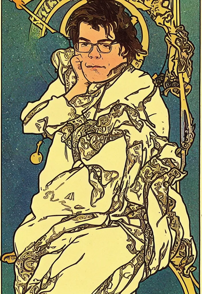 Image similar to Yann LeCun sitting on the throne on a tarot card, illustrated on the Rider–Waite tarot, art style by Alphonse Mucha