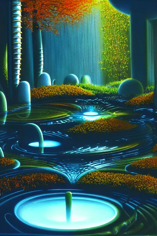 Image similar to futuristic garden glowing in autumn, marble fountains, small waterfalls, ecosystem, 1 9 8 0 s science fiction, 1 9 7 0 s science fiction, alien 1 9 7 9, cyberpunk, 3 d oil painting, depth perception, 4 k, artstation