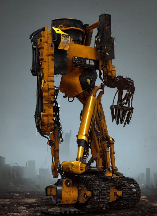 Image similar to a photorealistic dramatic hyperrealistic render of a futuristic exosuit power excavator heavy machinery, ultra realistic details, glossy yellow, well worn, rust, oil stains by vitaly bulgarov and mike nash, beautiful dramatic dark moody tones and lighting, cinematic atmosphere, studio lighting, global illumination, shadows, dark background, octane render, 8 k