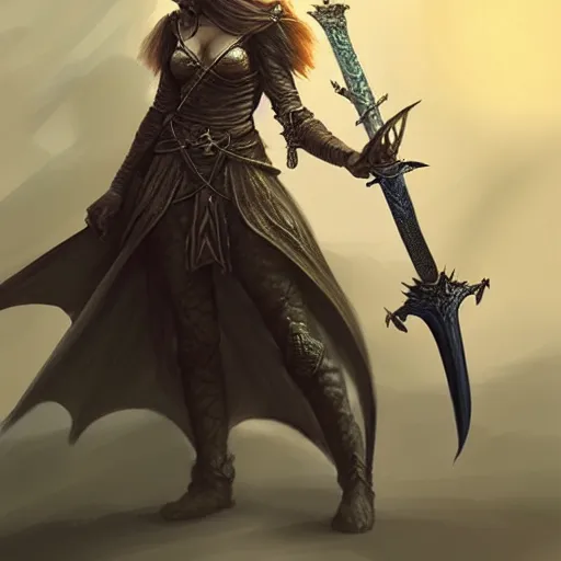 Image similar to a woman holding a sword with a dragon on it, concept art by Nína Tryggvadóttir, tumblr contest winner, fantasy art, official art, concept art, high detail